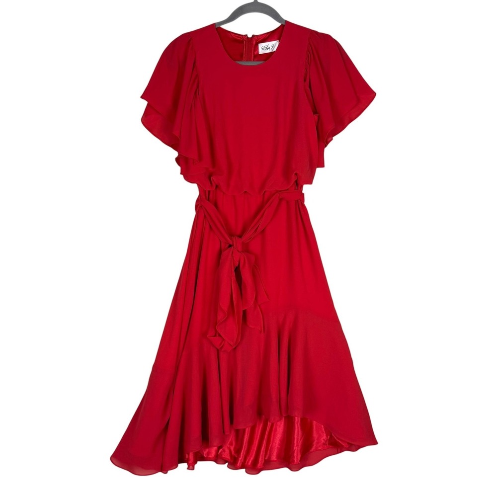 Eliza J Dress Womens 2P Red Flutter Sleeve Hi Low Fit &‎ Flare Belted Chiffon